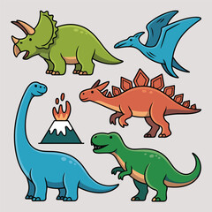 Collection of cute cartoon dinosaurs and a volcano in a playful illustration style