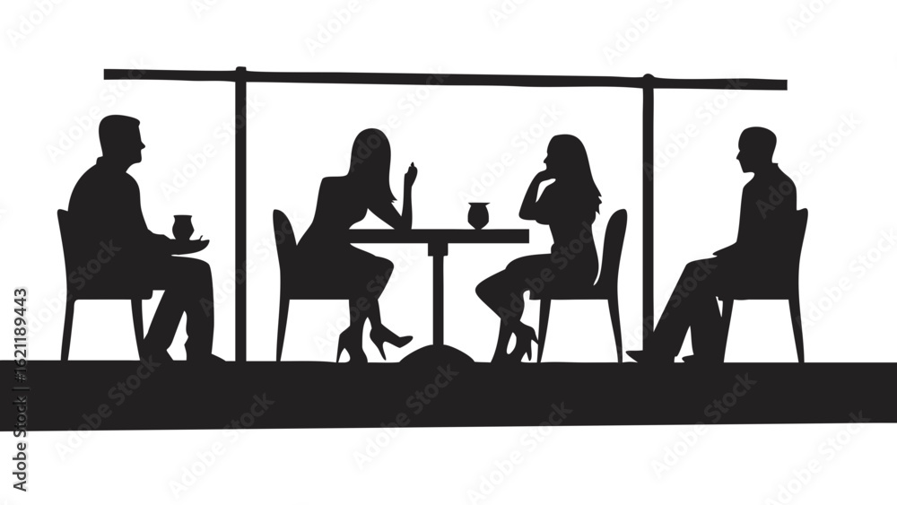 Poster silhouette of four people sitting at a table under a canopy in an outdoor cafe setting with drinks c