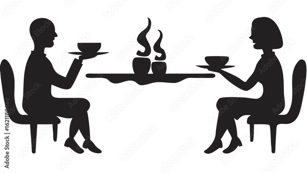 Poster silhouettes of a man and a woman seated at a table with steaming dishes in between them in black and