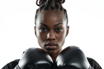 A female boxer in a ring, ready for competition. She is wearing boxing gloves and her face shows determination and readiness.
