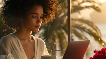 Remote freelancer working on laptop while sipping coffee, silhouetted against vibrant sunset, embodying digital nomad freedom