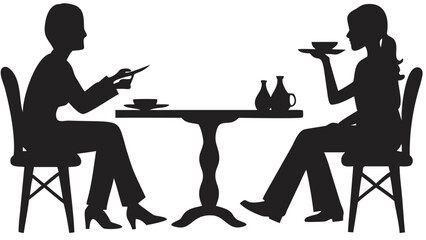Silhouette of two women sitting at a table with dishes and vases in a restaurant setting in black and white created with generated ai