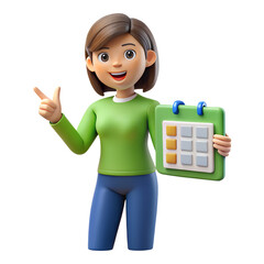 A cheerful 3d cartoon woman holding a calendar, isolated on transparent background, ideal for illustrating scheduling, appointments, and time management concepts