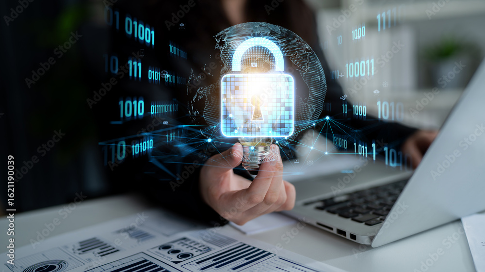 Poster cyber security protects against breaches, hacks, and network attacks using strong infrastructure and