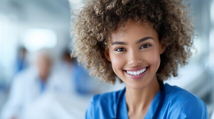 Confident african american female medical professional smiling warmly, wearing professional attire, standing in bright hospital corridor with colleagues working behind her