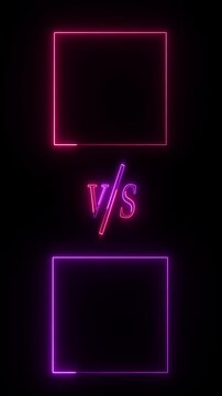 Neon glowing VS square frames in purple and pink color. Versus bars neon animation, multiplayer versus neon frame borders animation on black screen.