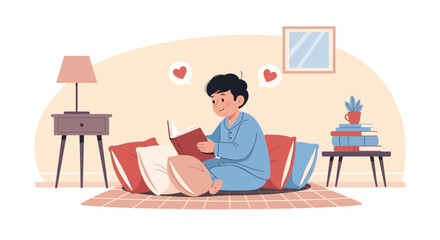 Fototapeta premium Boy Reading A Book Surrounded By Pillows In A Cozy Home Atmosphere