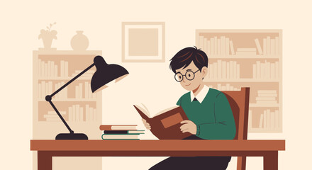 Boy Reads Novel Under The Warm Glow Of Desk Lamp At His Library