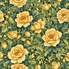 Golden yellow roses blooming in dense foliage.