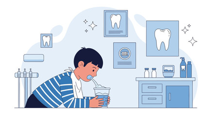 Boy Rinse His Mouth After Dental Treatment In The Clinic Illustration