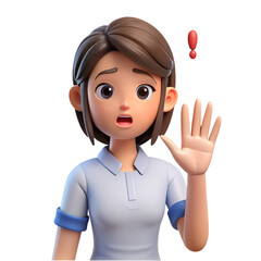 A surprised cartoon woman with an exclamation mark isolated on transparent background, expressing shock or concern in a 3d render, raising her hand in a gesture of alarm