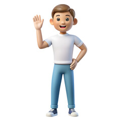A cheerful cartoon man waving hello isolated on transparent background, expressing a friendly greeting with a smile in a 3d render, conveying warmth and positivity