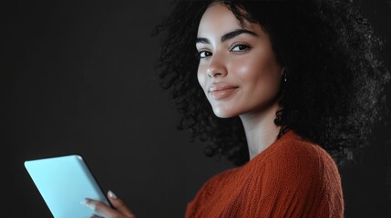 A happy woman smiling as she looks at a tablet device, showcasing modern technology and gadgets.