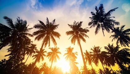 Obraz premium Golden Sunset Silhouette Tropical Palm Trees at Dusk.