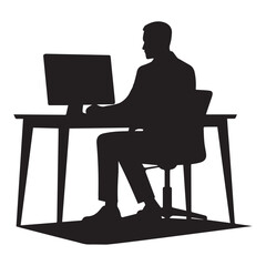 Silhouette of a man working at a computer in an office, black silhouette vector, Simple silhouette Design vector icon with white background 