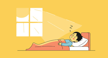Obraz premium Boy Sleeping Peacefully In Bed With Sun Light Morning Through Window