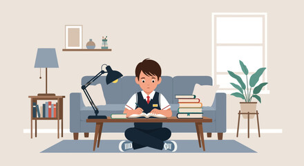 Boy Studying at Home: A Young Student Focused on Homework in a Cozy Setting