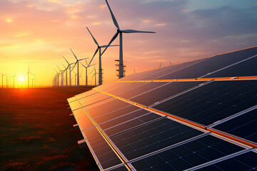 Solar panels and wind turbines at sunset clean energy renewable power,