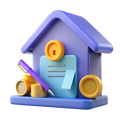 A 3d render of a house with a contract, pen, and coins, representing finance, investment, property, loan, mortgage, and real estate isolated on transparent background
