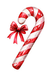Red and white striped candy cane with bow on white background