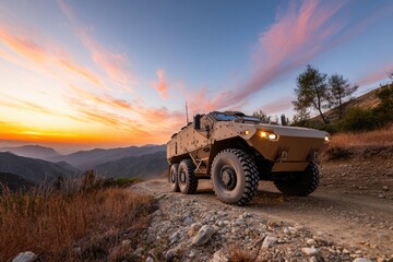 Armored Tactical Vehicle on Mountain Trail at Sunset