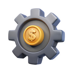 A 3d render of a gear with a dollar coin, representing finance, investment, business, banking, payment, saving, and wealth isolated on transparent background