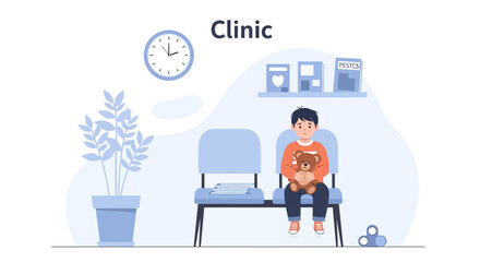 Fototapeta premium Boy Waiting At Doctor's Office For Consultation Holding Stuffed Bear