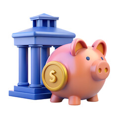 Piggy bank with a coin and a bank building isolated on transparent background, symbolizing saving money and financial investment for future growth
