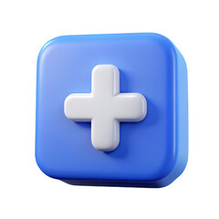 Blue square button with a white plus sign isolated on transparent background, representing addition, growth, and positive choices in digital interfaces