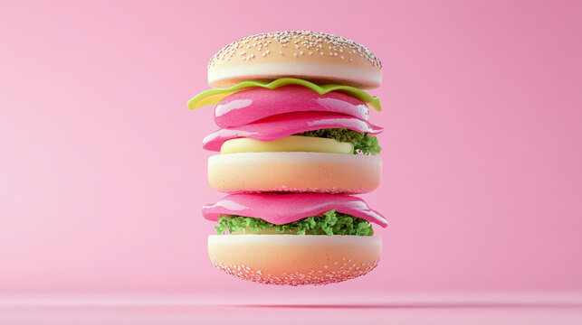 Visually striking minimalist conceptual burger artwork featuring vibrant pink and green layers on a monochromatic pink background, presented as modern culinary abstraction