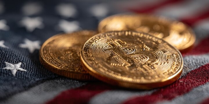Bitcoin coins on American flag