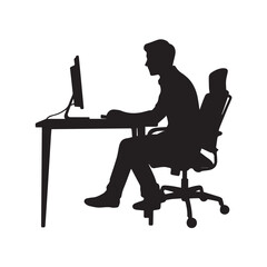 Silhouette of a man working at a computer desk in an office chair, black silhouette vector, Simple silhouette Design vector icon with white background 
