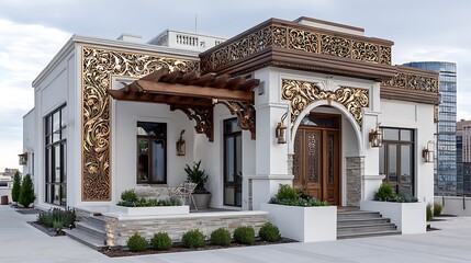 Traditional carving accents in house frontage high resolution image