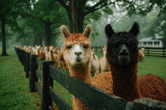 Llamas Behind Fence on Rainy Day - Powered by Adobe