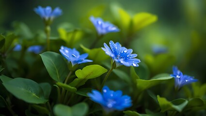 Photo of delicate blue flowers glisten with morning dew in a lush green garden setting