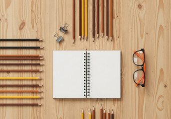 Desk with art supplies, notebook, and glasses
