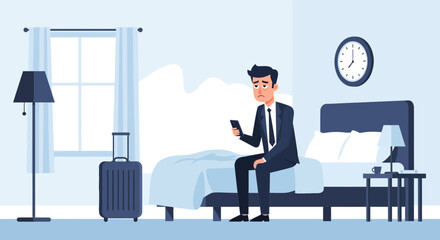 Businessman Frustrated Sitting on Bed Checking Phone in Hotel Room