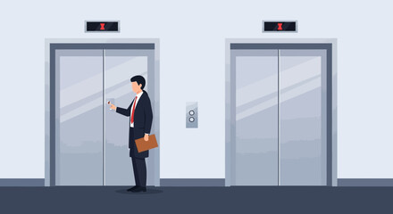 Businessman In Suit Pressing Elevator Button With Briefcase In Hand Waiting