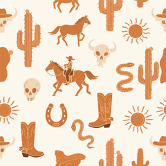 Seamless pattern with cowboy horse cactus skull horseshoe snake and sun in western desert style
