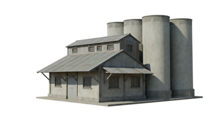 Old Industrial Grain Storage Facility with Silos Isolated on Transparent Background

