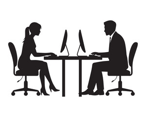 Silhouettes of a man and woman working on computers at a shared desk, black silhouette vector, Simple silhouette Design vector icon with white background 