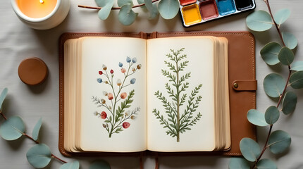 An overhead flat lay of a vintage botanical sketchbook with worn leather cover and yellowed pages .