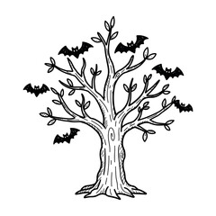 Halloween tree with bats and bare branches in black and white illustration