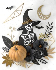 The witch, pumpkin with camera, celebration photographer and halloween celebration, generate by ai