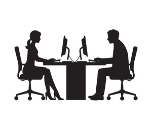 Silhouettes of a man and woman working on computers at a desk black silhouette vector, Simple silhouette Design vector icon with white background
black silhouette vector.