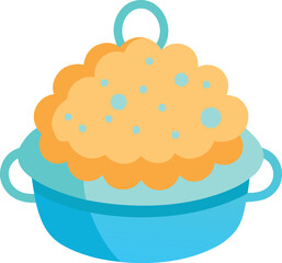 Cartoon illustration of a blue pot filled with fluffy yellow food