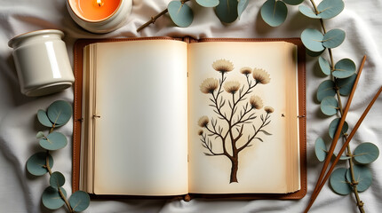 An overhead flat lay of a vintage botanical sketchbook with worn leather cover and yellowed pages .