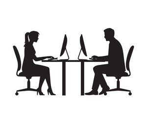 Silhouettes of a man and woman working on computers at separate desks black silhouette vector, Simple silhouette Design vector icon with white background black silhouette vector.
