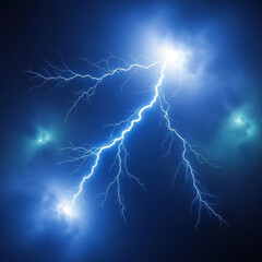 A bright blue lightning bolt strikes across a dark sky