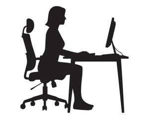 Silhouette of a woman sitting at a desk and working on a computer black silhouette vector, Simple silhouette Design vector icon with white background
black silhouette vector.